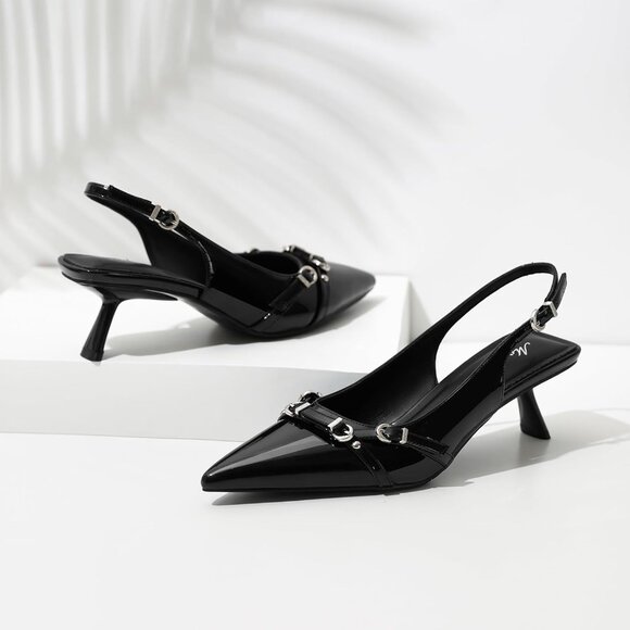 Black Pointed Toe Pumps Leather Low Heel Slingback Heels with Buckle Dress Shoe - Picture 8 of 9